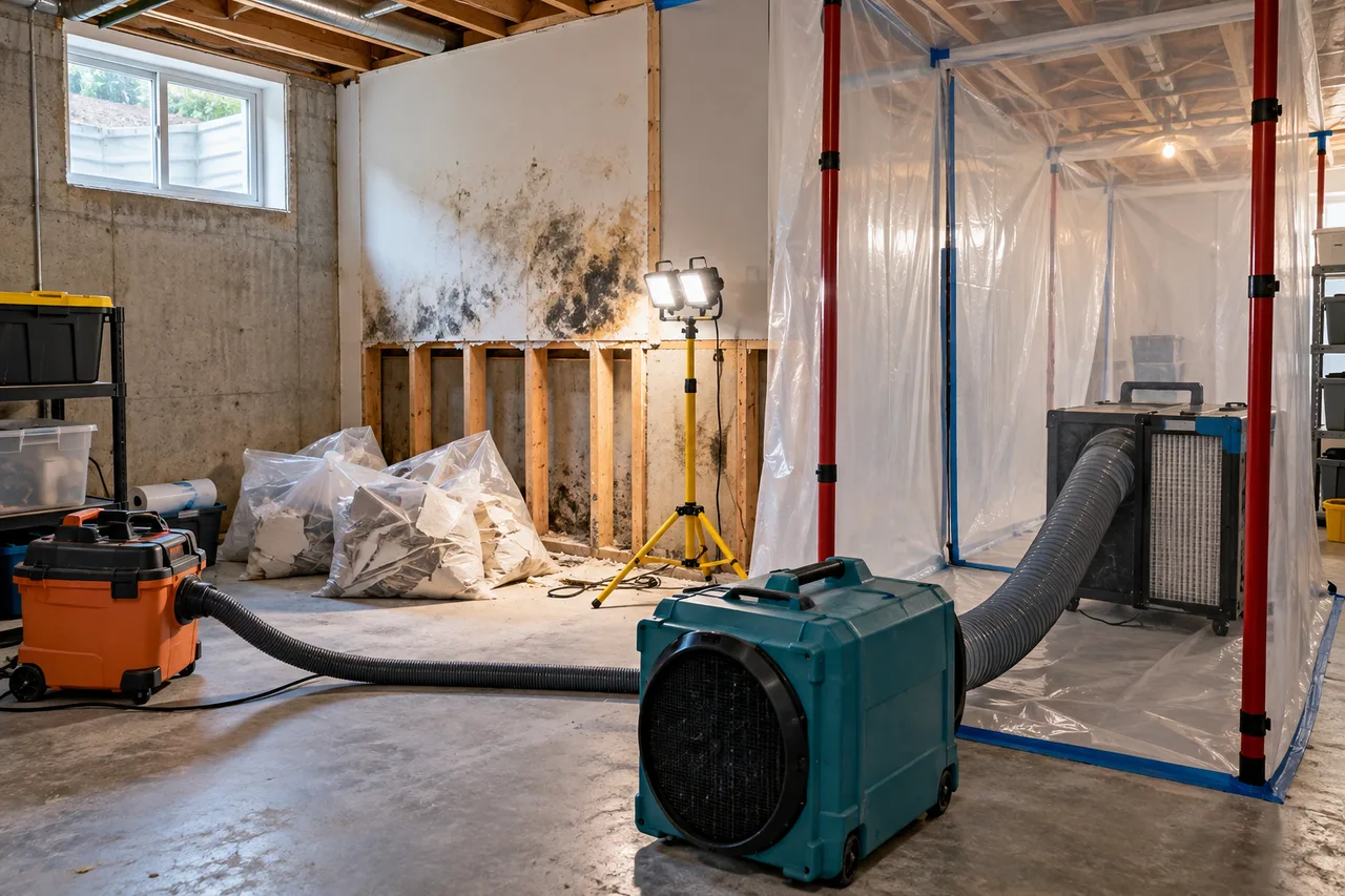 Illustrative basement mold removal setup with framing and contained debris