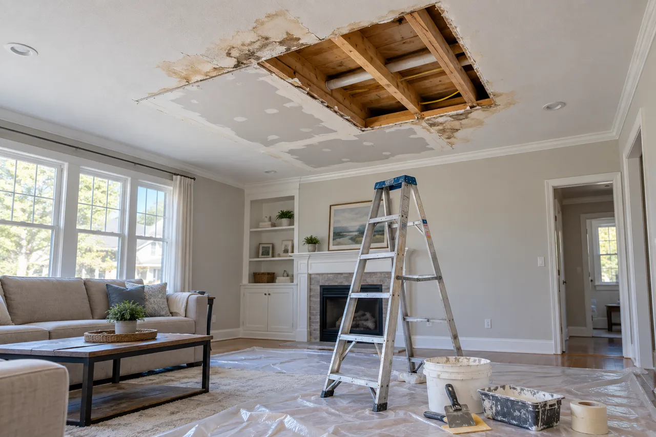 Illustrative ceiling leak repair setup with exposed framing and a stepladder