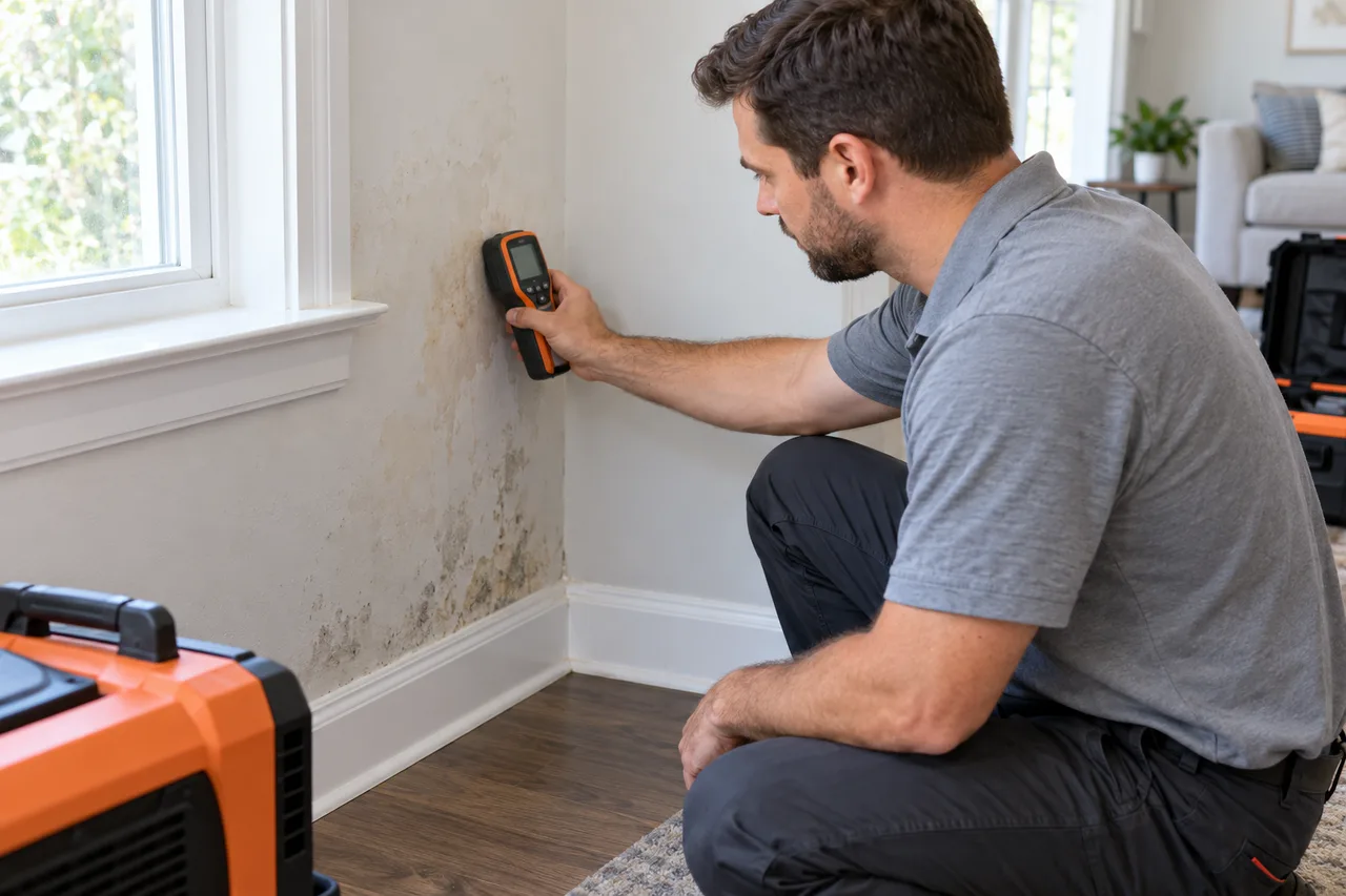 Model inspecting wall moisture with a handheld meter