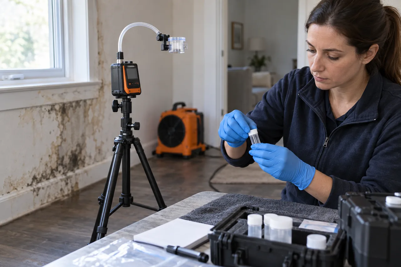 Illustrative indoor mold sampling equipment and gloved sample handling