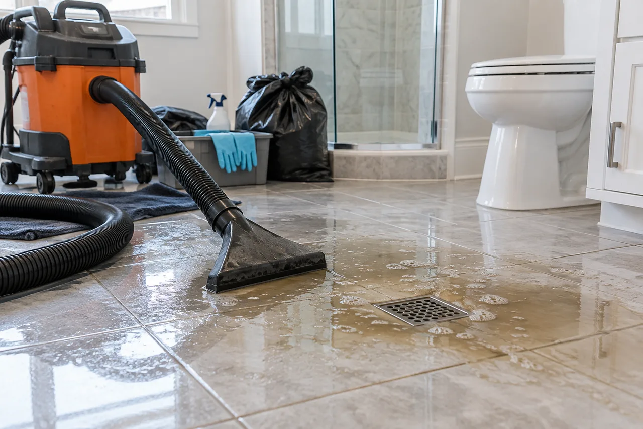 Illustrative bathroom drain backup cleanup with a wet vacuum hose