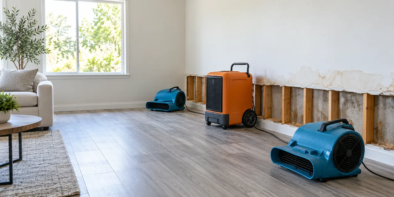 Illustrative water damage restoration scene with air movers, a dehumidifier and exposed wall framing
