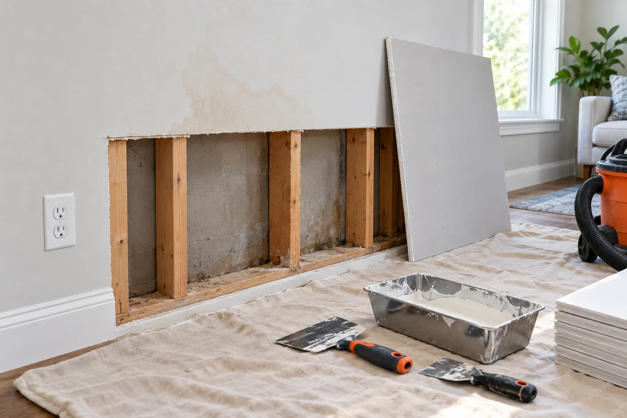 Illustrative drywall replacement setup with exposed studs and finishing tools